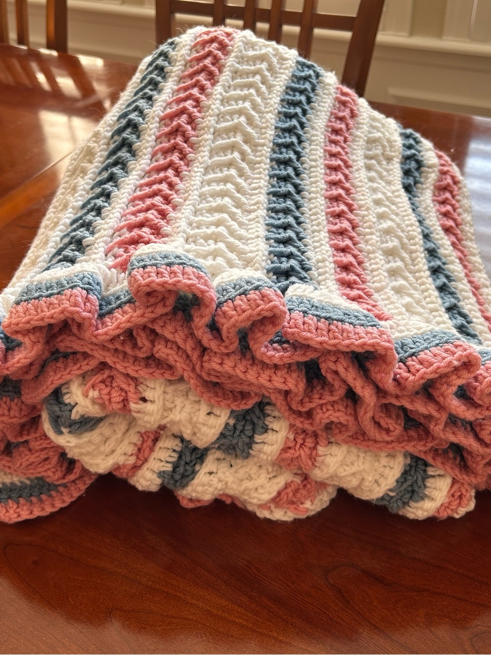 1998 Handmade Crochet Afghan Blanket Pink Ivory Dusty Blue Stripes Cottage Look